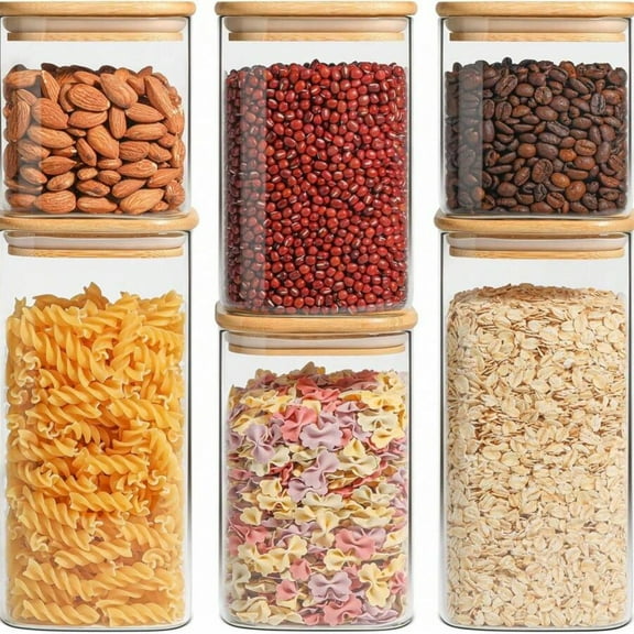 6-Pack Square Glass Storage Containers with Lids, Clear Food Jars & Canisters for Pantry Organization - Ideal for Cookies, Flour, Oats, Pasta, Tea & Coffee Beans