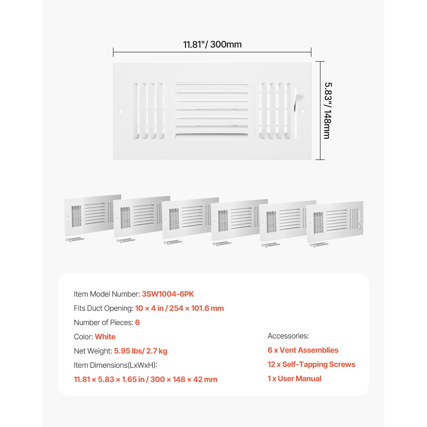 KFFKFF 4x10 Inch Wall Registers, Set of 6, HVAC Triple-Direction Iron Vent Covers for Residential/Commercial Wall & Ceiling, Anti-Corrosion Air Flow Diverter Adjustable with Metal Regulator, White