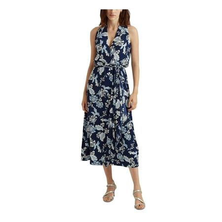 RALPH LAUREN Womens Navy Floral Sleeveless Halter Midi Fit + Flare Dress 8