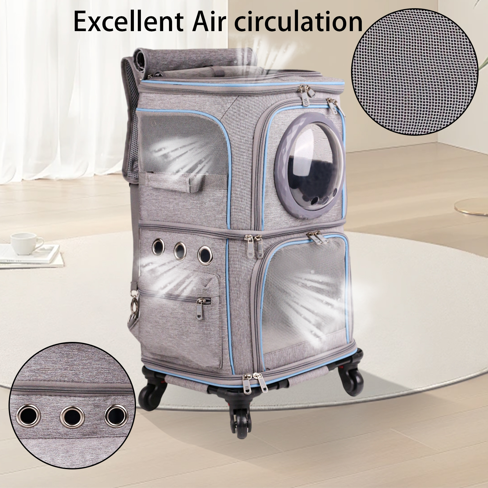 2-in-1 Pet Carrier Backpack for Two Cats or One Dog with Puller & Roller, Double-Layer 2 Compartment Carry Bag to Transport Small Animals Traveling and Hiking, Space Capsule Clear Bubble Dome