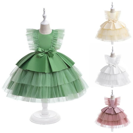 

APEXFWDT Baby Girl Dresses Ruffle Bowknot Pageant Party Wedding Flower Girl Dress Girls Tulle Flower Princess Layered Dress for Toddler Girl