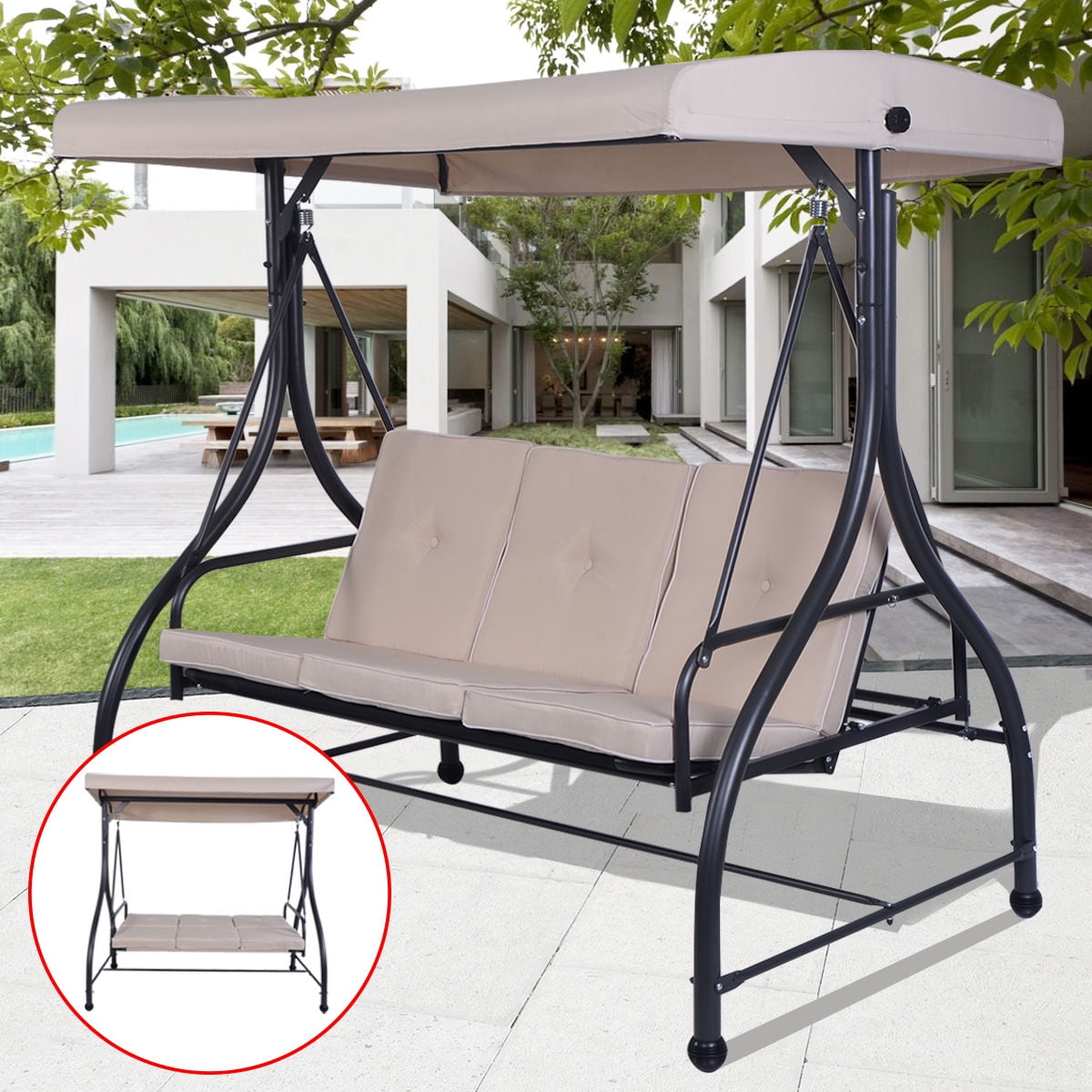 Swing With Canopy Porch Patio Steel Frame Stand 3 Person Sofa Bench Wicker Seat 