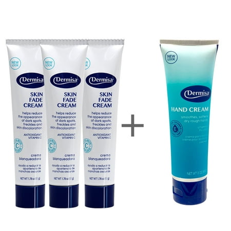 Dermisa Skin Fade Cream, Lighten and Prevent Age Spots 1.78 Oz / 50 g. (Pack of 3) + 1 Free Dermisa Hand Cream, With Vitamin E, Smoothen and Moisturize 3 (Best Skin Care Kits)