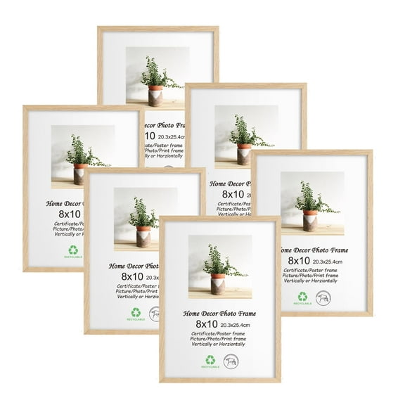 8x10 picture frames set of 6, wooden photo frames solid oak, natural wood grain beige frames with glass, wall hanging and tabletop display, brown
