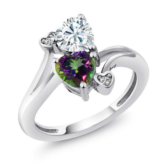 Gem Stone King 925 Sterling Silver White Moissanite Green Mystic Topaz and White Diamond Ring for Women (1.78 Cttw, Heart Shape 6MM, Gemstone Birthstone, Size 7)