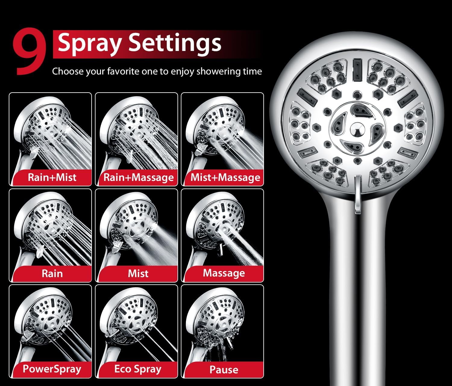KESTE High Pressure Shower Head, 2 in 1 Rainfall Shower Heads with 9 Mode Adjustable Handheld Showerhead, Dual Showerhead with Anti-Clog Nozzles and 60” Hose, Silver