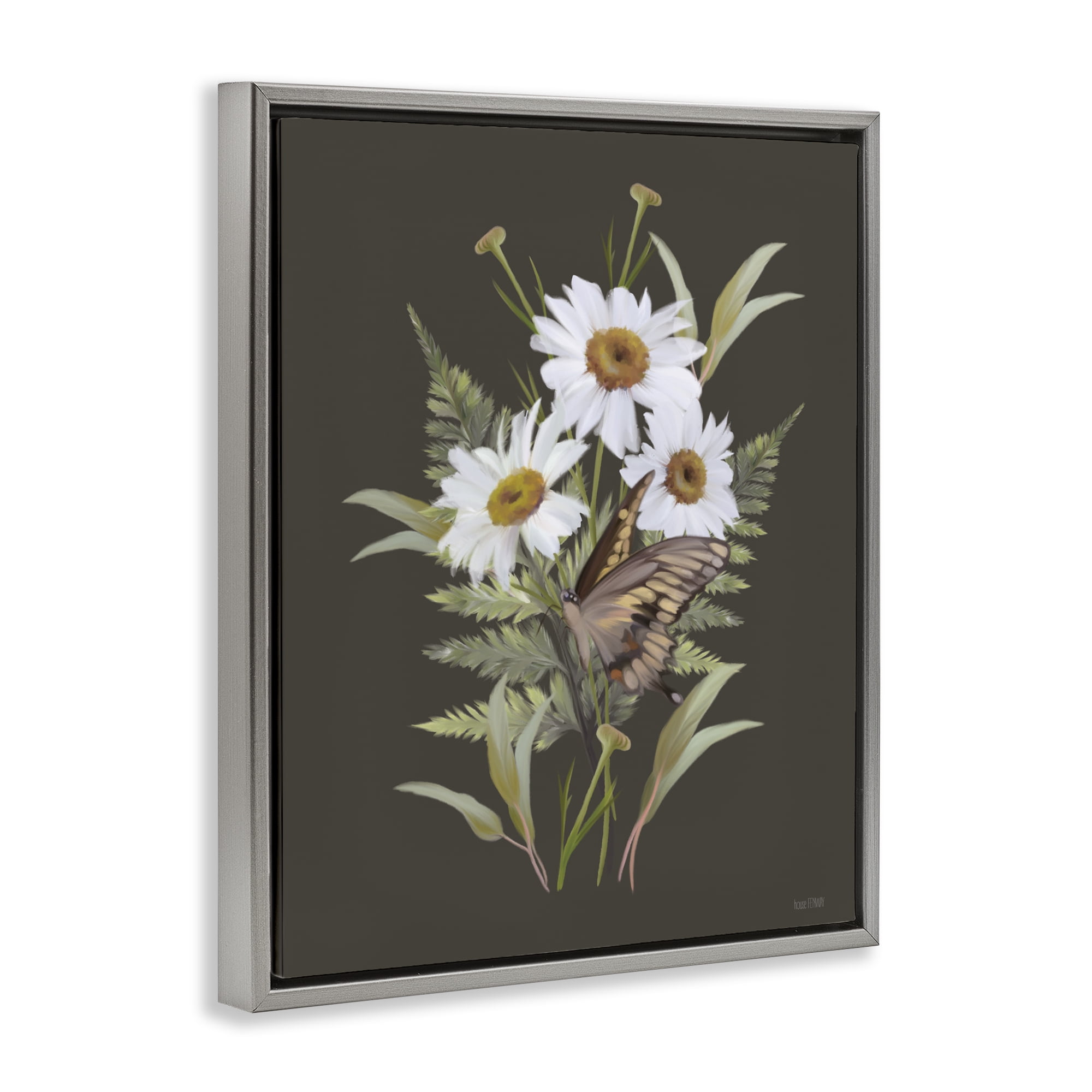 Stupell Industries Daisy Bouquet with Swallowtail Gray Framed Floater Canvas Wall Art, design by House Fenway