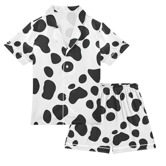 FORMRS Kids Short Sleeve Top and Pants Pajama Set Unisex Satin 2-Piece Sleepwear, Sizes 5-6Y, Cow Spots