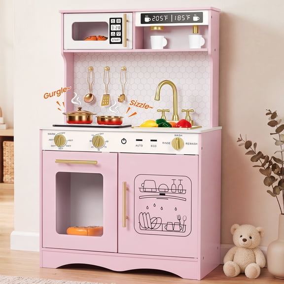 Wisairt Wooden Play Kitchen for Kids, Pretend Play Kitchen with Realistic Sounds & 17-Piece Accessory Set, Pink, Age 3