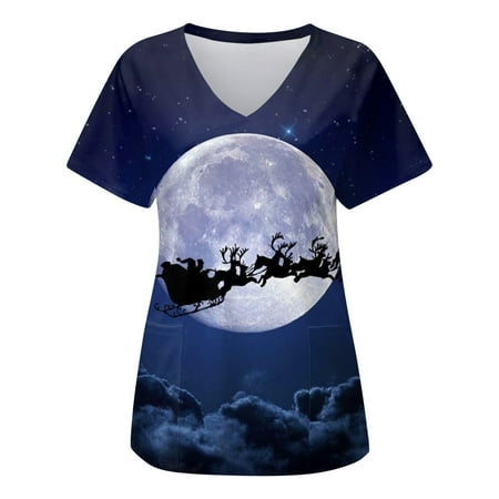 

Christmas Shirt for Women Casual Reindeer Contrast Print V Neck Scrub Top Fashion Loose Pocket Short Sleeve Pullover