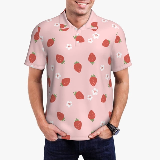 Balery Hand Drawn Strawberry Camisa Polo de Hombre con Estampado, de Manga Corta y Tejido Medio, Camisa Tipo Golf Polo-X-Large