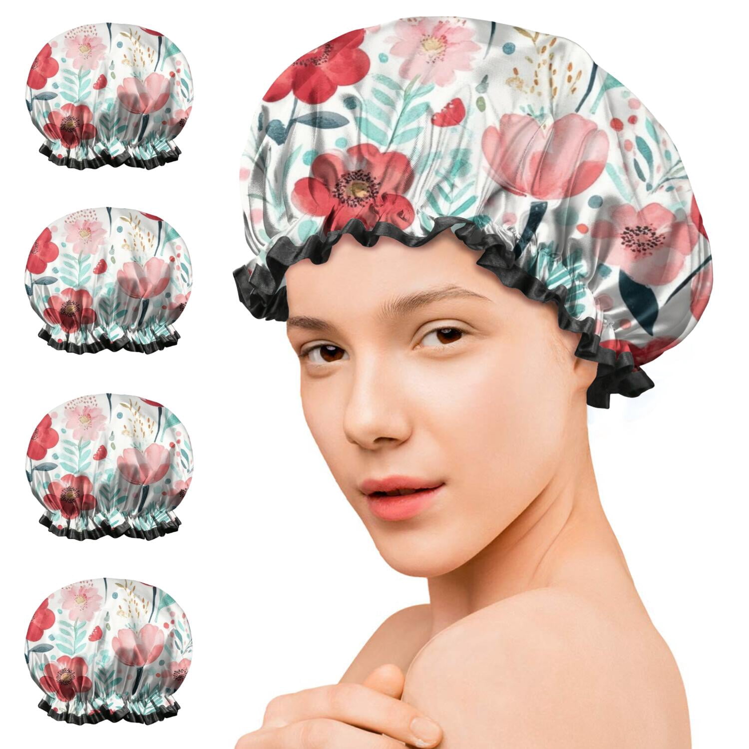 Shower Caps,Pioneer Flower Floral Print Pattern Waterproof Shower Cap for Women 4 Pieces,Double Reusable Hair Cover for Shower PEVA Elastic Stretch Hem