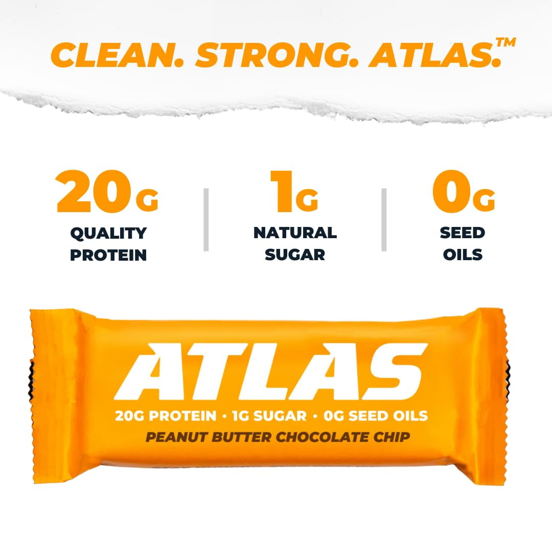 Atlas Protein Bar, Peanut Butter Chocolate Chip, 20g Protein, 1g Sugar, 0g Seed Oil, 12-Pack
