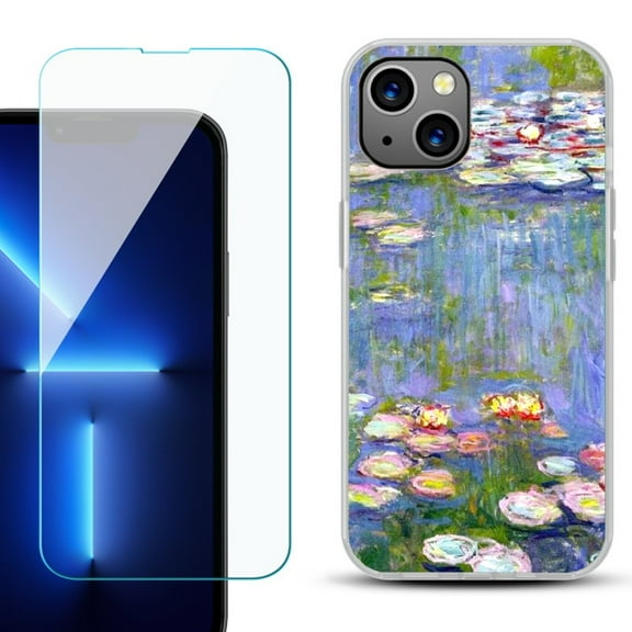 Slim-Fit Gel TPU Phone Case for iPhone 14, with Tempered Glass Screen Protector, by OneToughShield ® - Water Lilies