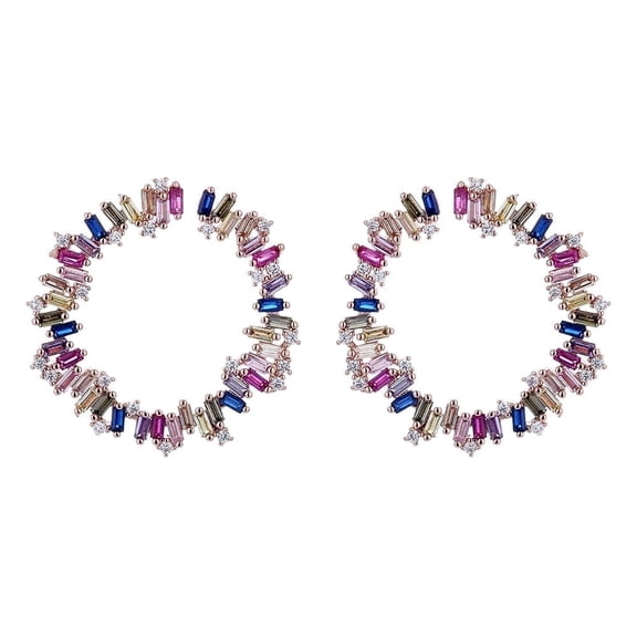 Amy and Annette 14K Rose Gold Plated Multi-Color Emerald Cut Hoop Earring with crystals over Sterling Silver