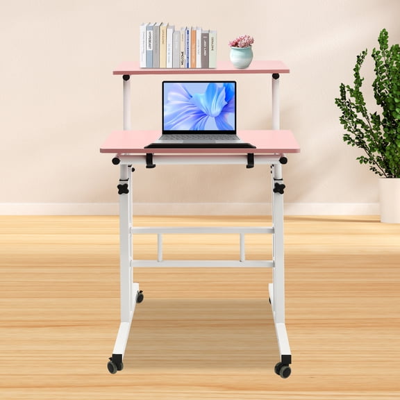 Mobile Stand up Desk with Wheels Home Office Workstation Pink