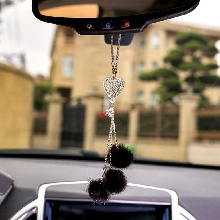 Car Rear View Mirror Pendant Bling Heart and Plush Ball Car Hanging Accessories Crystal Vehicle Ornament for Women Girls Walmart