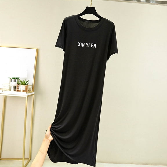 Ayolanni Comfy Women's Nightgowns & Sleepshirts Printed Casual Short Sleeve Night Shirts Long Sleep Shirts Black Sleepwear L