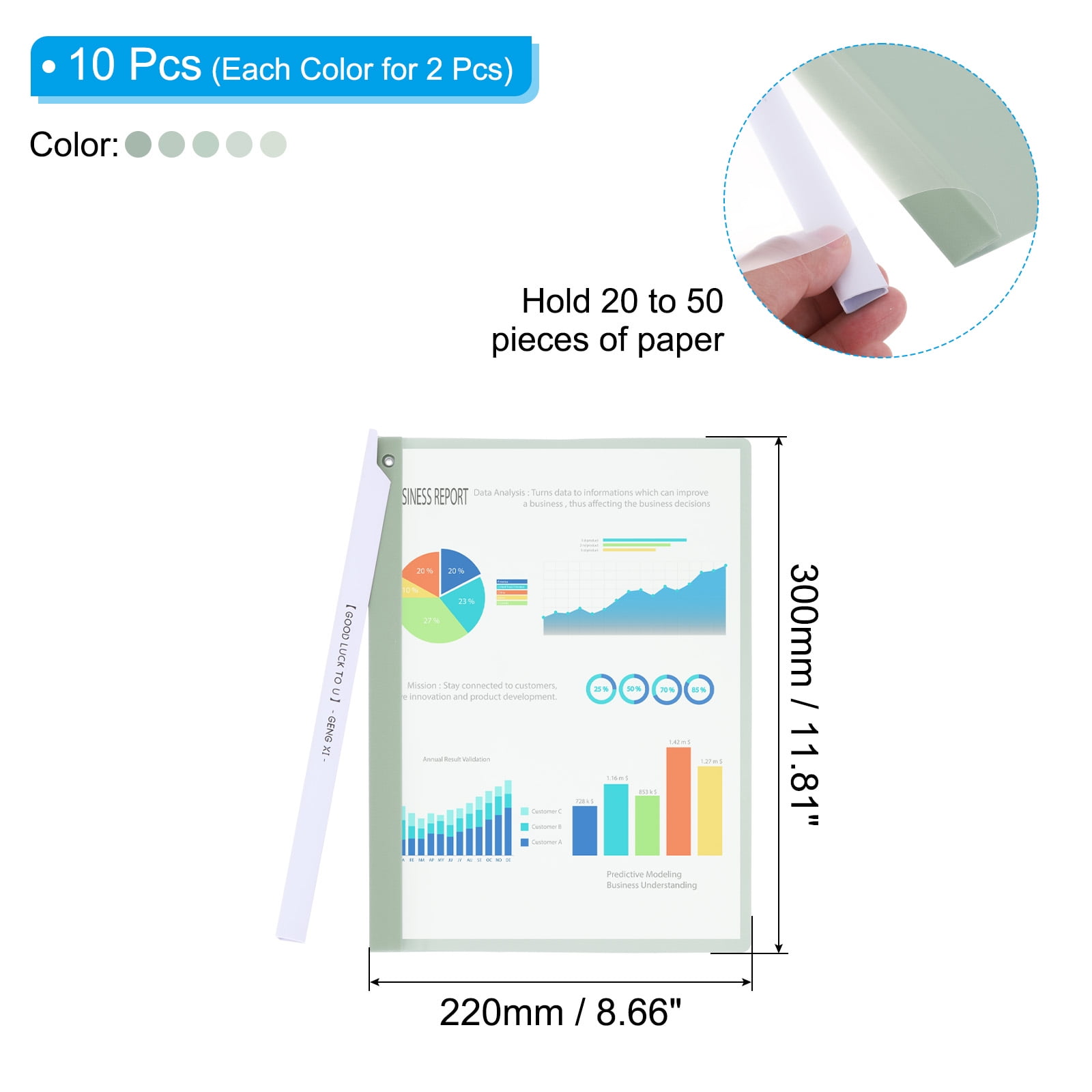 Uxcell Clear Uxcell Plastic Folders with Full-Edge Swing Clip, 10 Pcs Portfolio Folders, Green