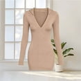 thumbnail image 5 of IUYRTFE Women's Solid Color V-Neck Long Sleeve Dress Slim Fit Stretch Casual Party Midi Dress, 5 of 5