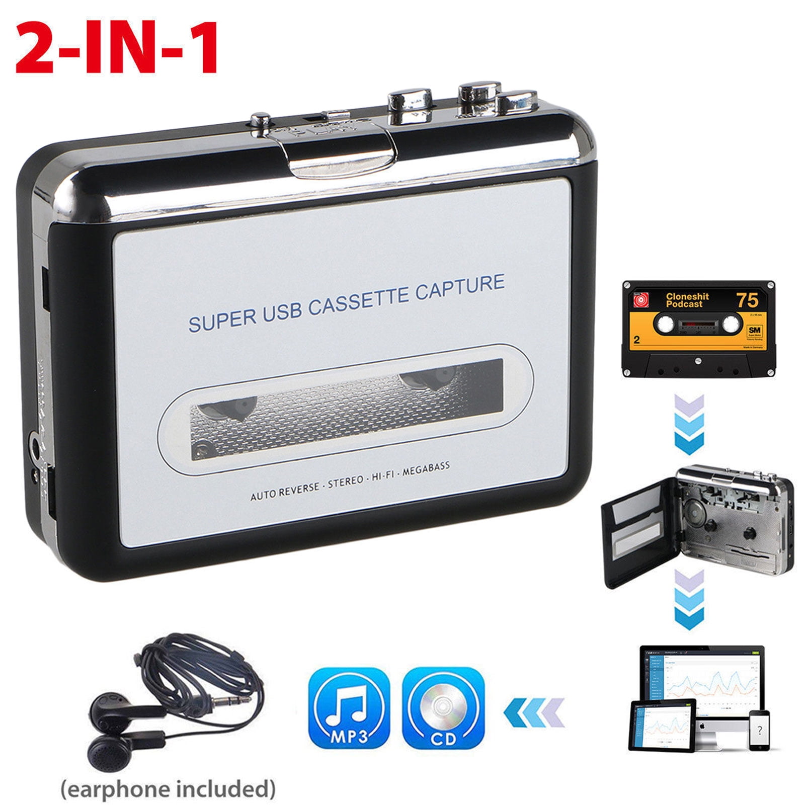 Rybozen Cassette Player Portable Converter Recorder Convert Tapes to Digital MP3 Save into USB Flash Drive/ No PC Required Black