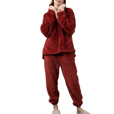 SWSMCLT Women s Fleece Pajama Set 2 Piece Fluffy Pjs Long Sleeve Shirt Pants Set Ladies Cute Winter Fall Warm Thermal Loose Baggy Oversized Plush Lounge Set Loungewear Red Medium