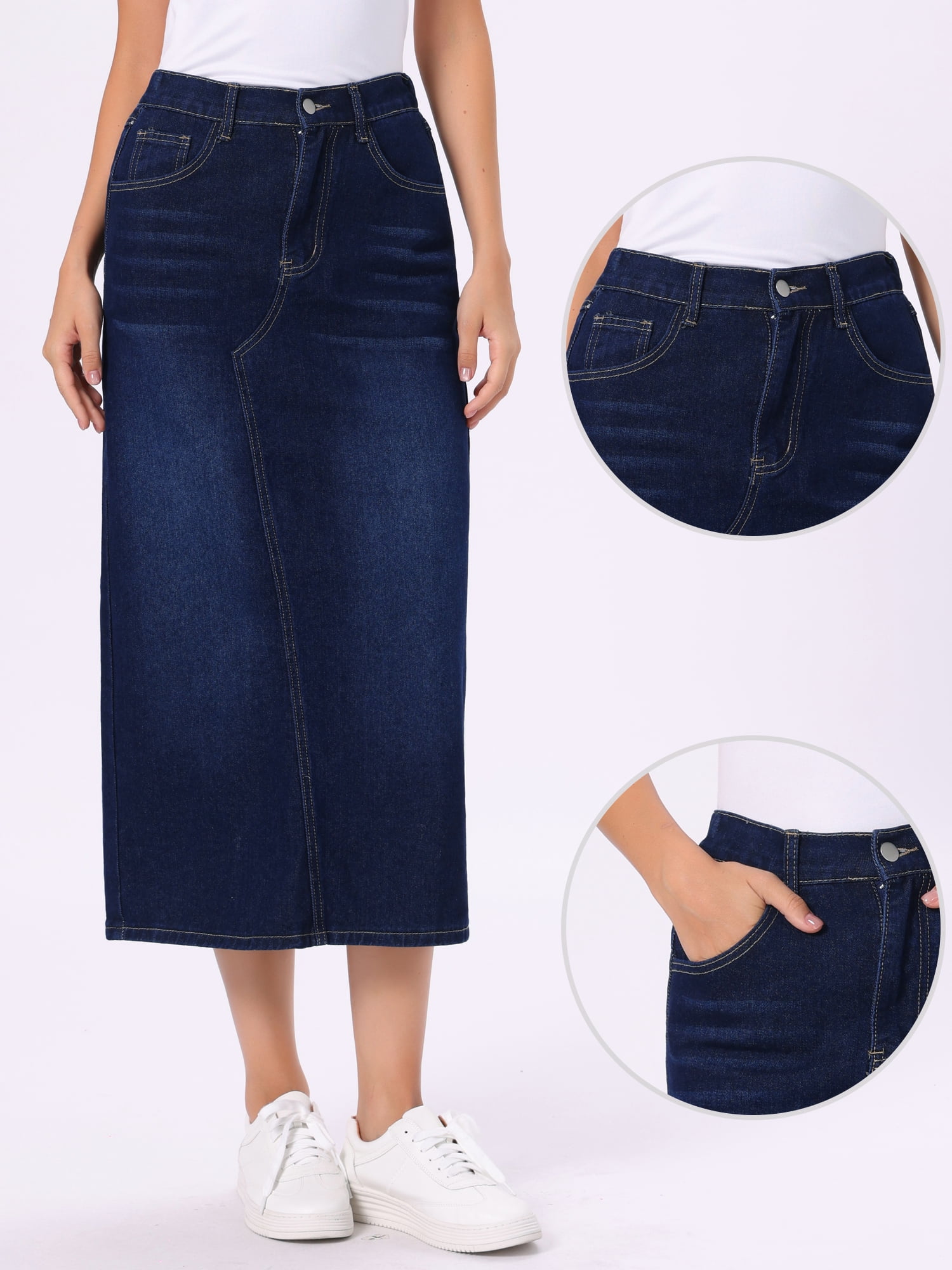 DARING DIVA Women's Casual Midi Length Split Back High Waist Long Jean Skirts M Blue