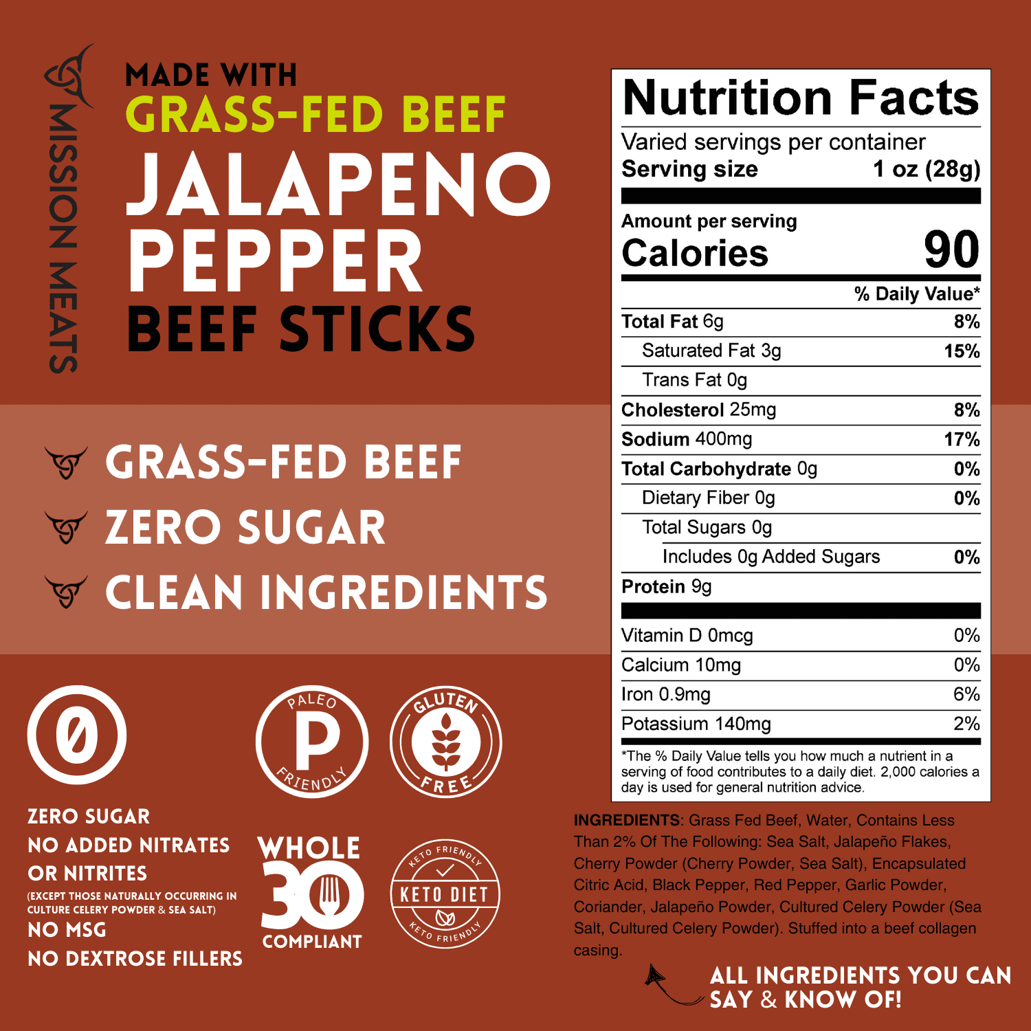 Mission Meats Beef Sticks – 100% Grass Fed & Pasture Raised, Sugar Free, Individually Wrapped Healthy Snacks, Whole 30 & Paleo Friendly, Jalapeno 1oz (Pack of 12)