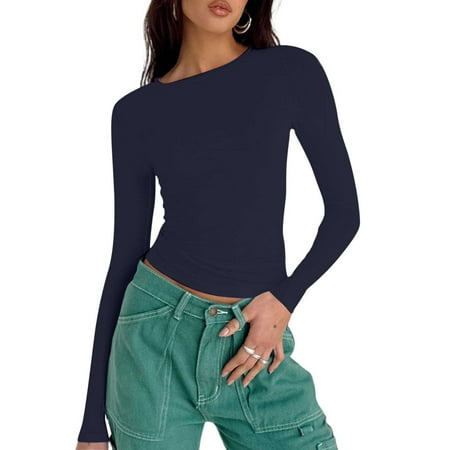 

Shirts for Women Womens Tops Dressy Casual Women s Fashion Casual Round Neck Solid Color Slim Fit Long Sleeve T Shirt Pullover Tops Off The Shoulder Tops for Women Tube Tops for Women Blue L