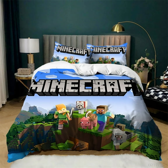 Minecraft Bedding Set 3 Pieces Ultra Soft Comfortable Duvet Cover Set Game Breathable Quilt Cover with Pillowsham