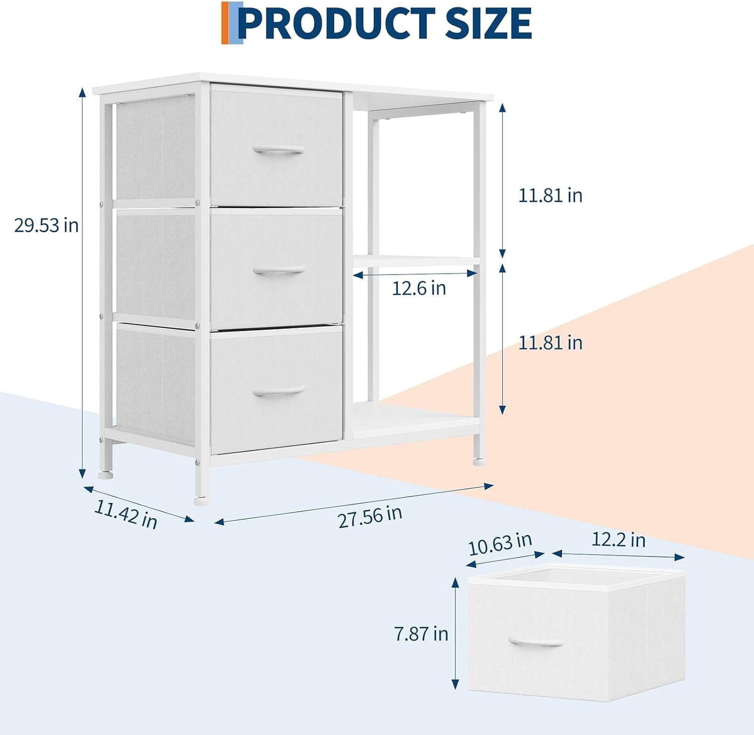 Multifunctional 3 Fabric File Cabinet with Open Storage Shelf – Printer Stand & Bedside Table – Sturdy Steel Frame – Home Office Organizer – White