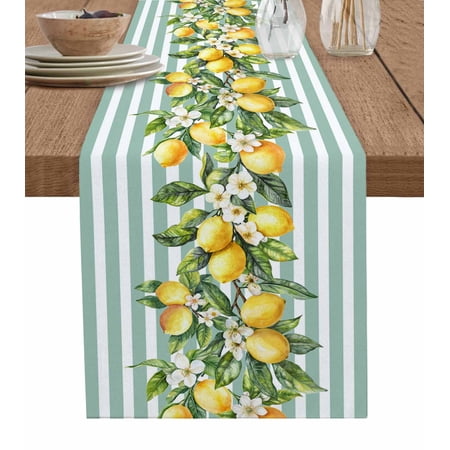 Hokiten Table Runners 60 Inches Long Dress Scarves, Aqua Stripes Lemon Farmhouse Kitchen/Dining Table Runner, Small Coffee Tablerunners, Spring Botanical Plant Vertical Line 13x60 Inch