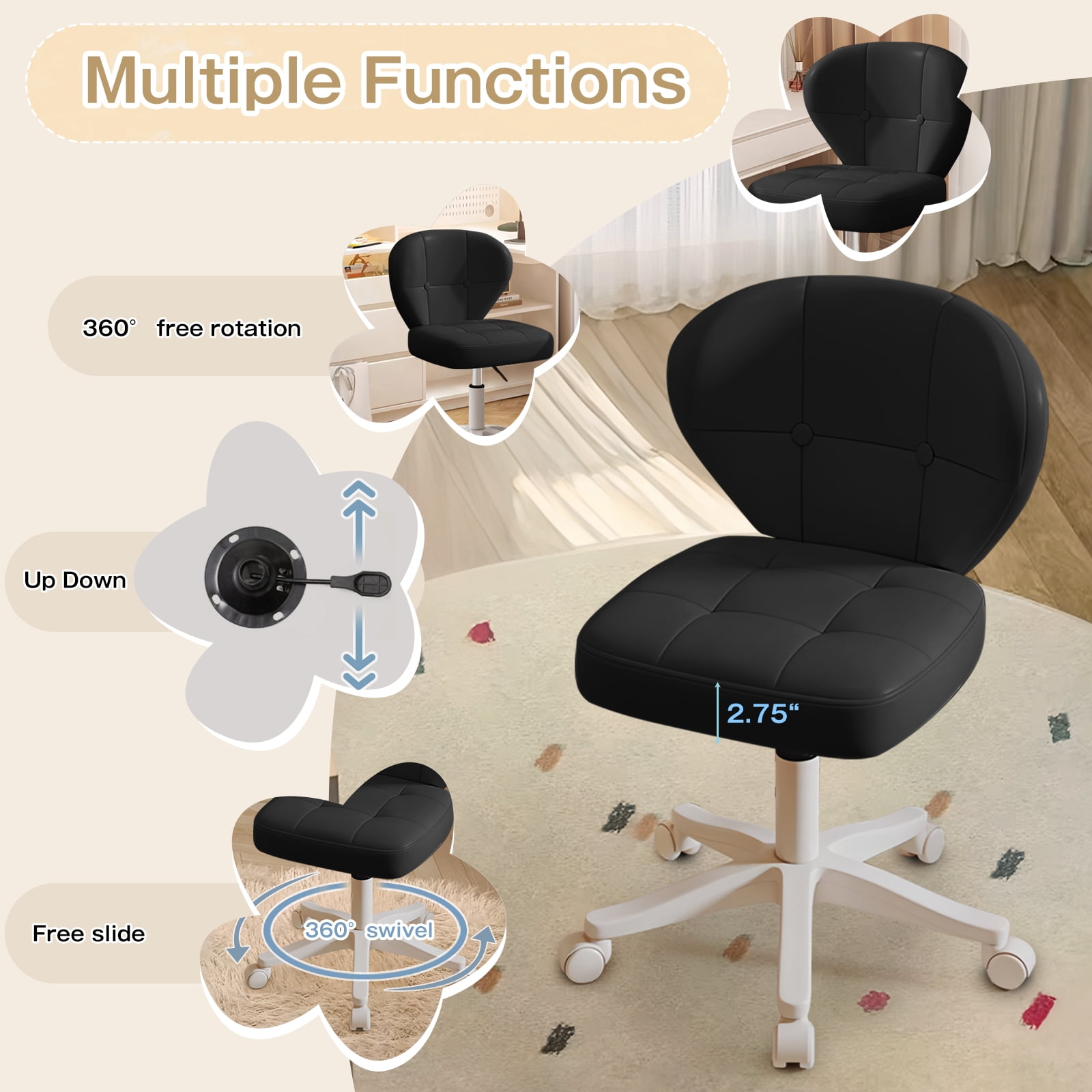 Vanity Chair with Back – Small Armless Office Chair with Wheels, Lumbar Support, PU Leather, Adjustable Height, 360° Swivel for Home, Bedroom, Office Black