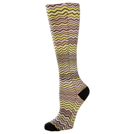 Celeste Stein Graduated Compression Knit Socks, Queen Wide Calf, 8-15mmHg, Lime Zig Zag with Black Heel and Toe