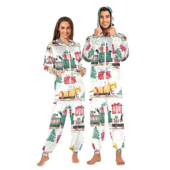 FORMRS Onesies Pajama for Adults Unisex Hoodie Winter Jumpsuit One Piece Sleepwear, Sizes S-2XL, Christmas Train