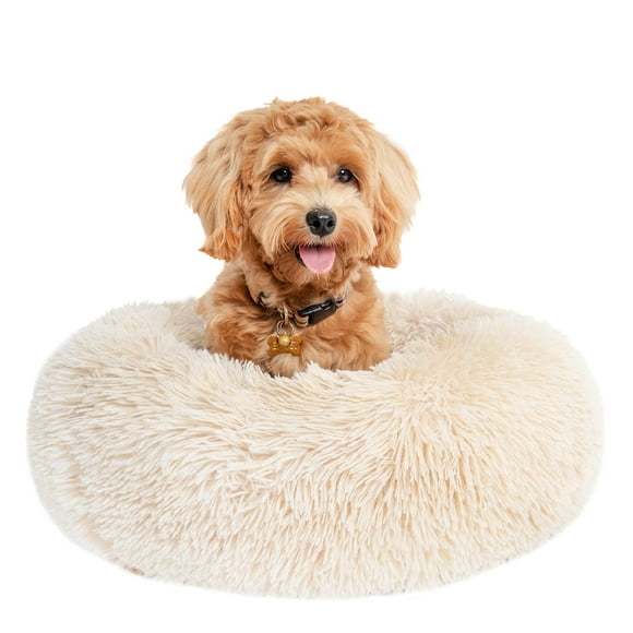 nononfish Puppy Bed for Small Dogs Washable Calming Cat Beds for Indoor Cats Anti-Slip Round Fluffy Plush Faux Fur fits up to 25 lbs Pets,23 inches Beige