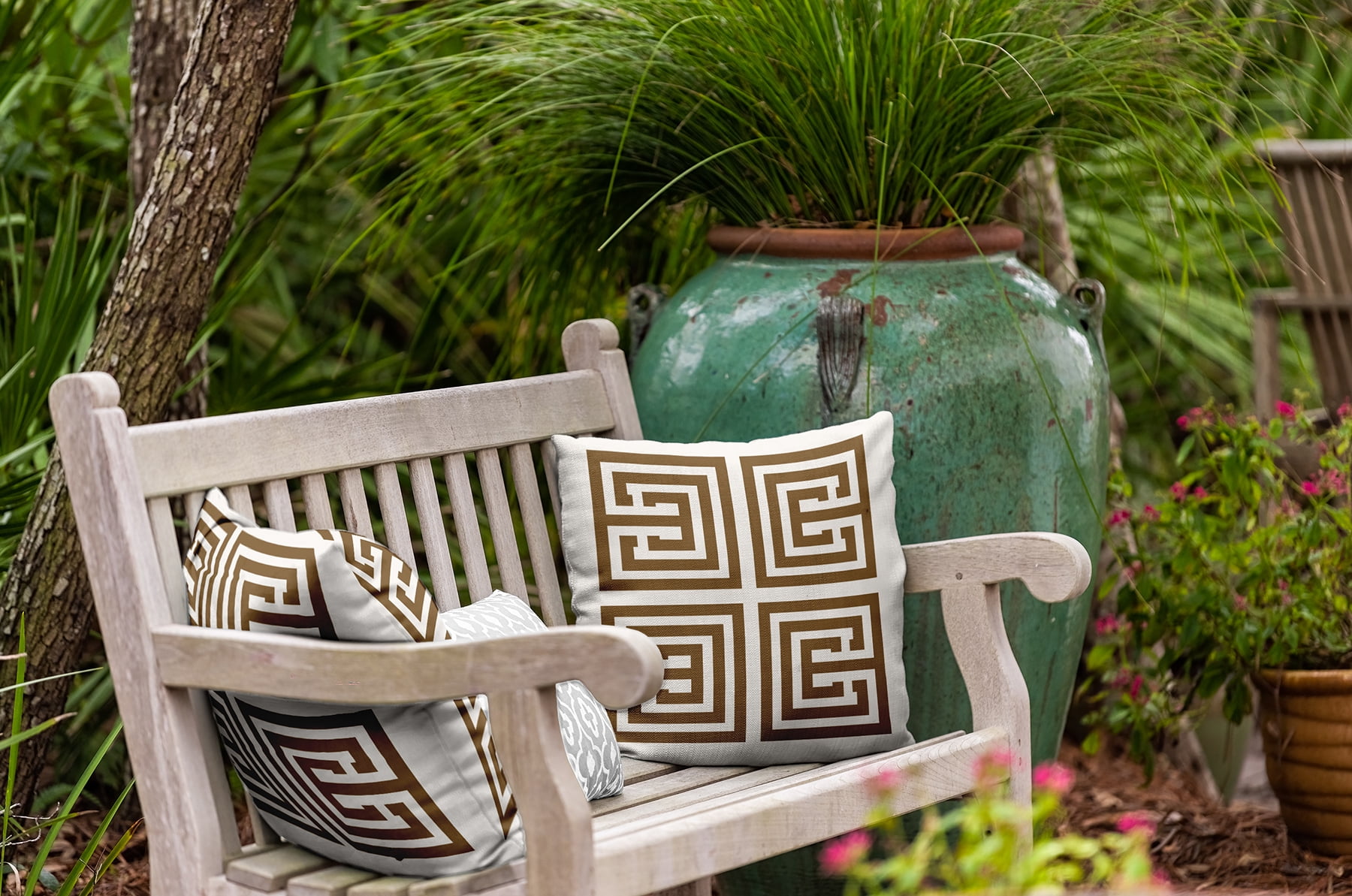 18"x18" Simply Daisy Greek Key Poly Indoor/Outdoor Pillow, Brown Qty 1