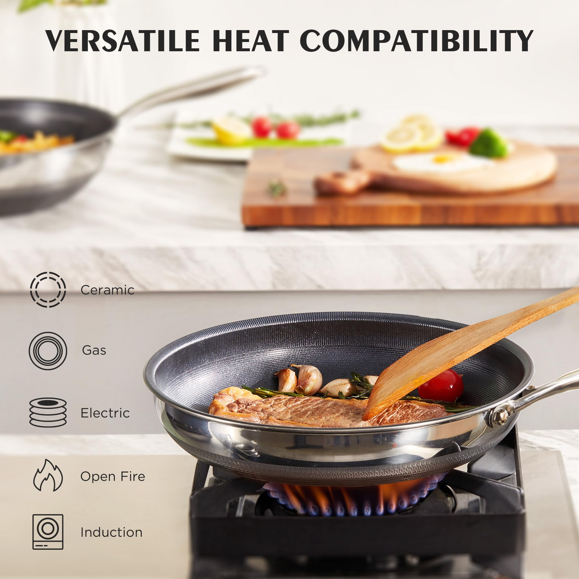KITEXPERT Non Stick Frying Pans with Lid, 10" Titanium Ceramic Pan Nonstick Stainless Steel Skillet, Quick-Cool Handle, Dishwasher & Oven Safe, Compatible with All Cooktops