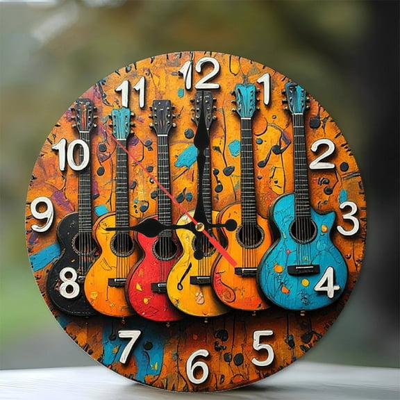 Colorful Guitar Wall Clock Music Decor Gift 10-Inch Silent Wooden Wall Clock, Battery Operated (AA Batteries Not Included), Artistic Home Decor