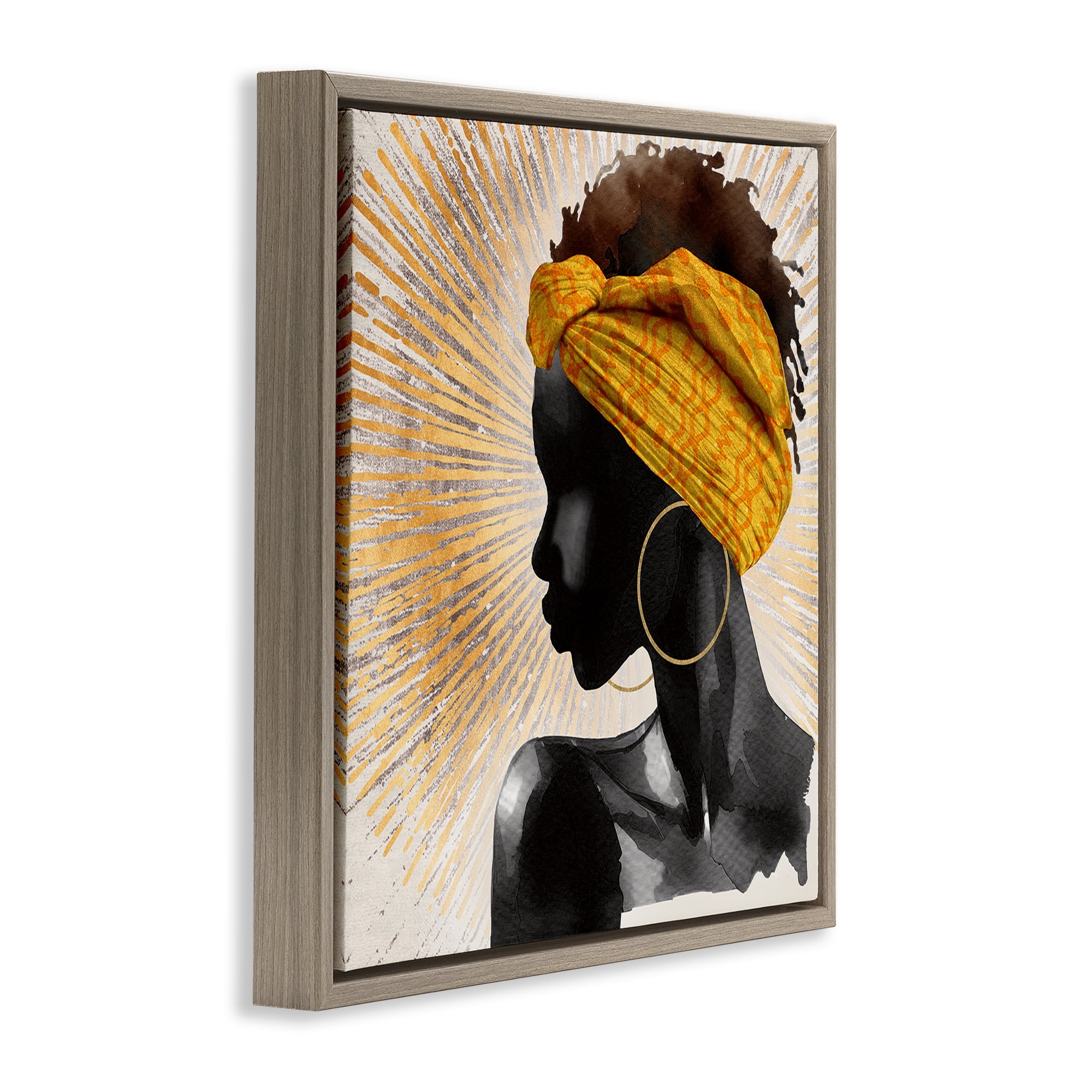 Stupell Industries Golden Sunburst Profile with Headwrap Brown Framed Floater Canvas Wall Art, design by CAD Designs