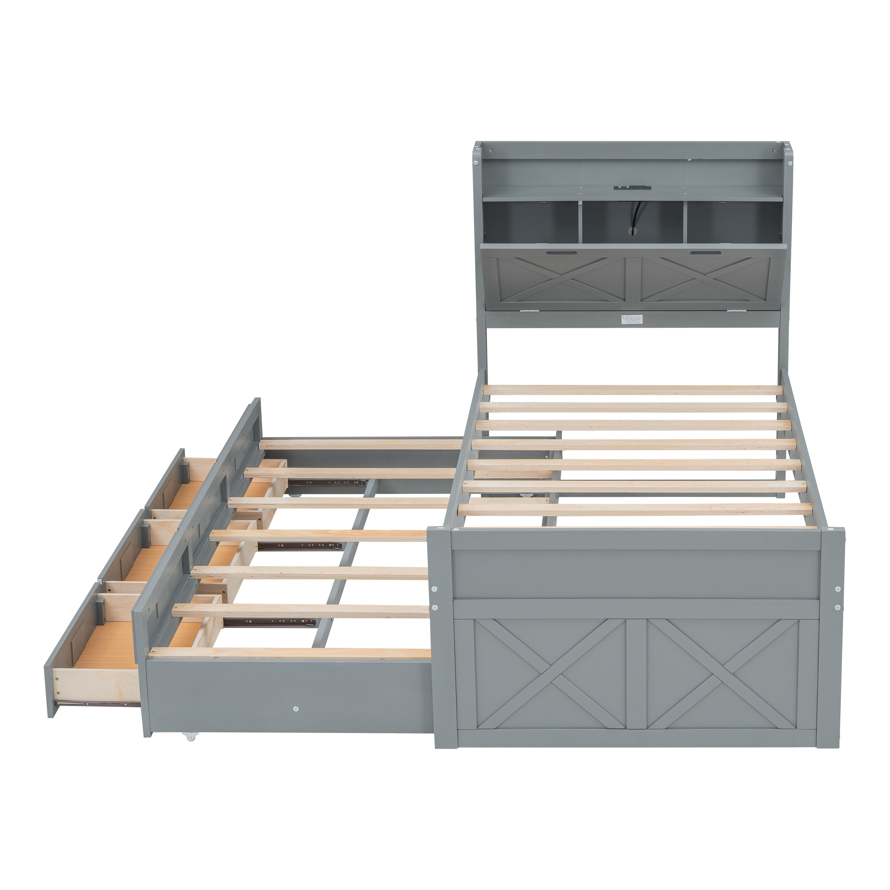 Mintazer Farmhouse Twin Bed with Trundle & 3 Drawers, Extendable Platform Bed with Headboard Storage & Charging Station for Bedroom, Gray