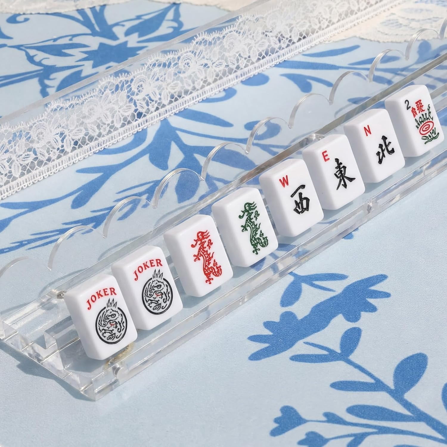 Mahjong Racks with Pushers, Set of 4 Acrylic Mahjong Racks with Magnetically Attached Mahjong Pushers, Easy to Use for Home Game Nights (Transparent)