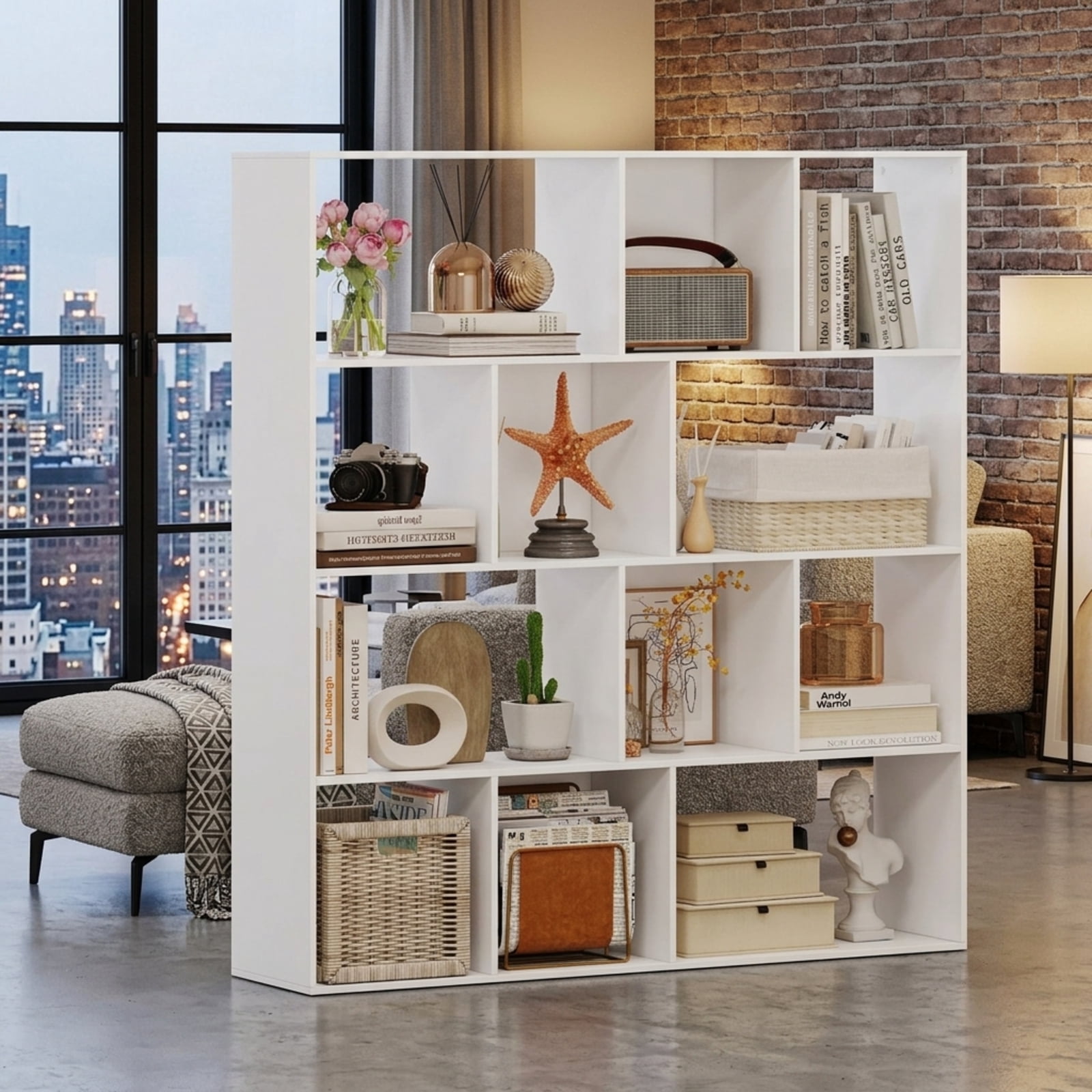 Furnibear Open Shelf Bookcase 4-Tier Large Bookshelf with 12 Storage Compartments and Anti-Tipping Kits for Home Office, White