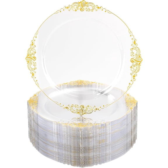 10.25 Inch Clear Plastic Dinner Plates with Gold Rim BPA-Free Heavy Duty Disposable Plates for Weddings and Parties
