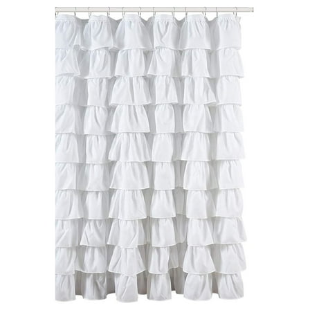Ruffled White Fabric Shower Curtain
