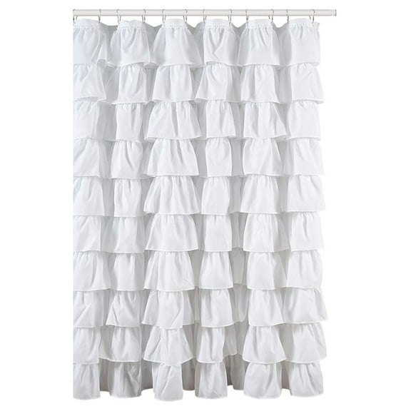 Ruffled White Fabric Shower Curtain
