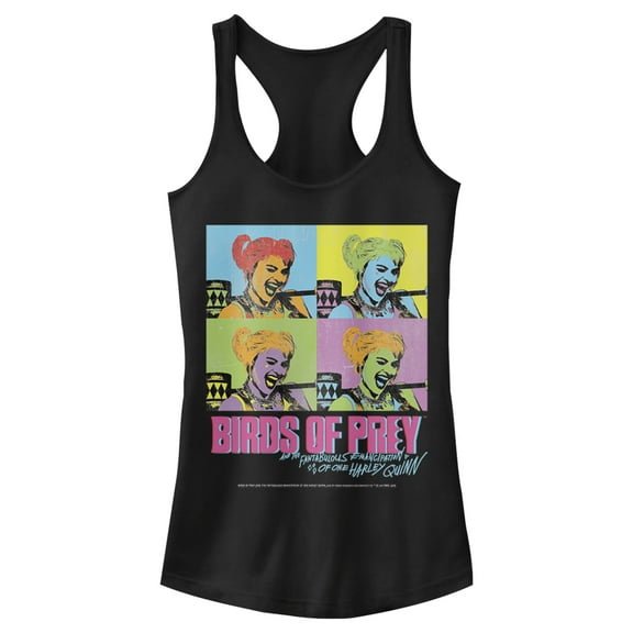 Junior's Birds of Prey Harley Quinn Pop Art  Racerback Tank Top Black X Large