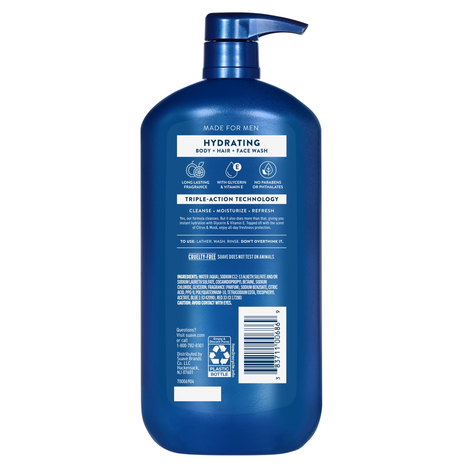 (4 pack) Suave Men Hydrating 3-in-1 Body + Hair + Face Wash with Glycerin & Vitamin E, 30 FL OZ