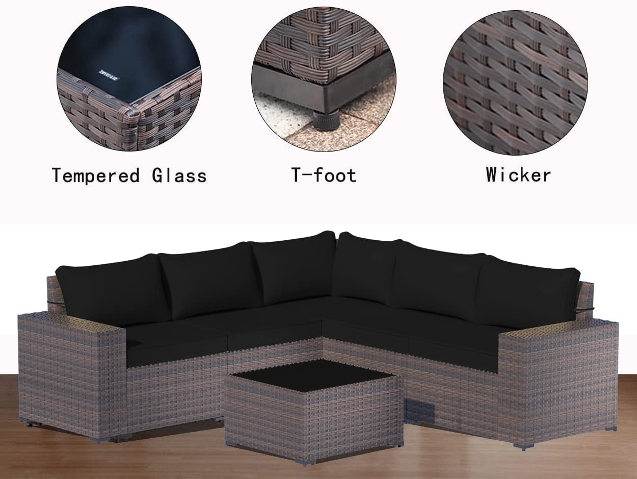 Kullavik 6 Pieces Patio Furniture Outdoor Sofa Wicker Rattan Conversation Set Cushion Glass Table Black