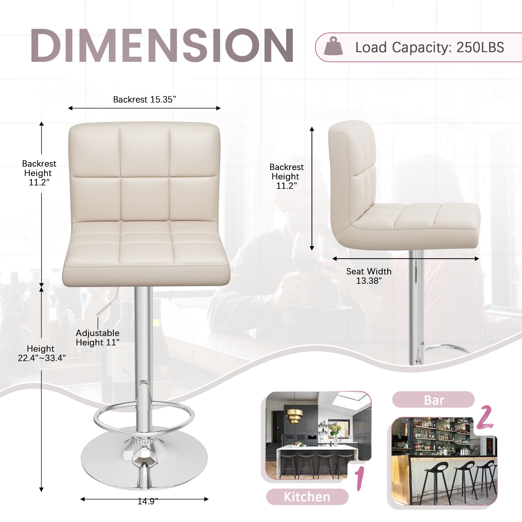 Homall Bar Stools Set of 2 Modern PU Leather Height Adjustable Swivel Barstools Counter Square Island Barstool with Back for Bar Kitchen, Beige